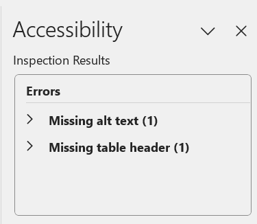 Microsoft Excel accessibility report identifying errors.