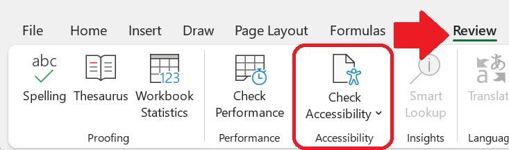 Microsoft Excel Review ribbon showing the Check Accessibility option highlighted in a red box.