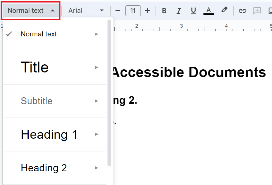 Google Docs screenshot showing how to access the Styles menu with the option Normal Text highlighted in a red box.