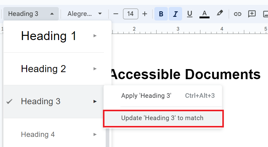 Google Docs screenshot showing the Styles menu with the option to update the Heading 2 style highlighted in a red box.