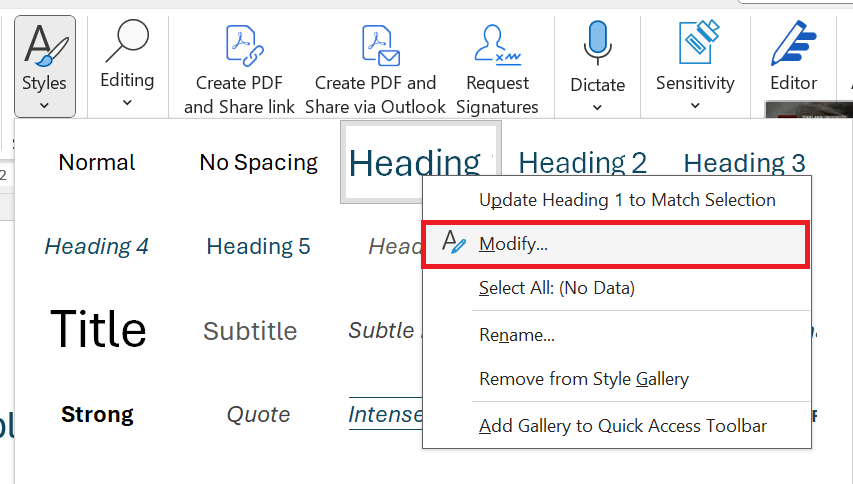 Screenshot of Styles in Microsoft Word showing how to modify a style with that option appearing in an overlaid dropdown menu with Modify highlighted in a red box.