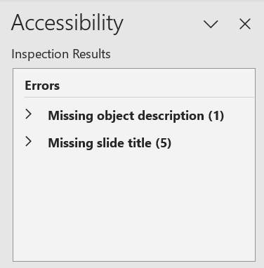 Microsoft PowerPoint accessibility report showing errors.