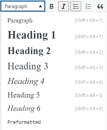 A drop-down menu showing a list of heading options in Pressbooks