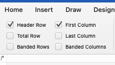 A screen shot from Microsoft word with some of the option tabs at the top and six checkboxes in two columns. Column one has Header Row, Total Row, and Banded Rows. Column Two has First Column, Last Column, and Banded Columns. Header Row and First Column have checks in the checkboxes.