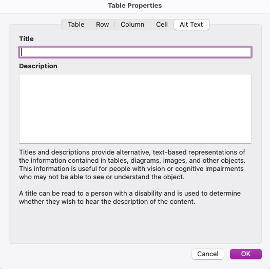 A screen shot of the table Properties Window in Word. Near the top are five options with the last option, "Alt Text" selected. The main body of the window shows one place to write a Title and another to write a description.