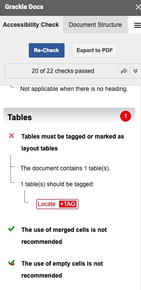 A column from Grackle Docs accessibility checker, showing options such as "Re-Check or "Export to PDF" and areas in which the document has passed and not passed the checks. One area that has indicated failure is that "Tables must be tagged or marked as layout tables." Beneath these lines of text is a button with the option to +TAG or add tags.