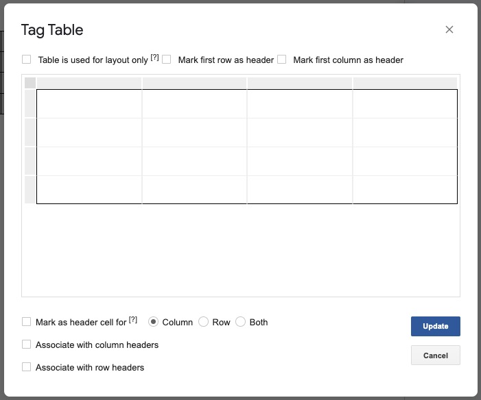 The Grackle Docs tagging tools for tables shows the options to mark the table as a layout table, mark the row as header, and mark the first column as header. It also allows for marking header cells and associating certain cells with column or row headers.