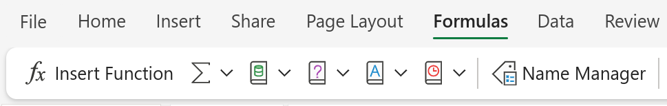 Screenshot of Excel for Web Office 365 with the "Formula" tab selected and the "Name Manager" button showing.