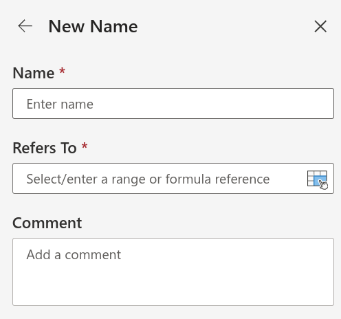 Screenshot of the Name Manager panel in Excel, showing existing named ranges and an option to add a new Named Range.