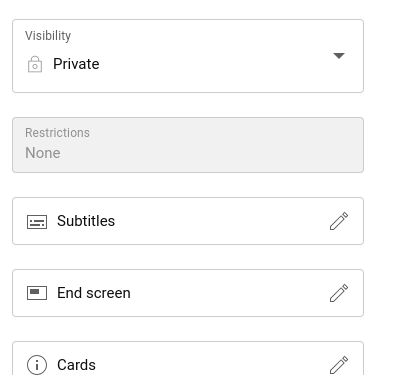 An image of the bottom right corner of the screen when looking at the Details of a specific videos, showing that the button to enter the Subtitle Editor can be found third, under Visibility, and Restrictions.