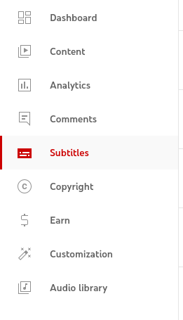 A list of areas within the YouTube Studio Right panel, with Subtitles highlighted as the fifth one down.