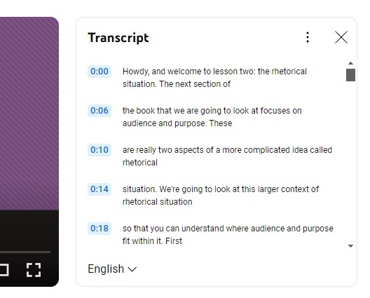 The Transcript panel with timings has appeared to the right of the video in a browser page.