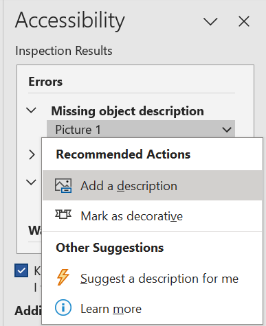 Microsoft Word Accessibility Report with Recommended Actions for an error appearing in an overlaid dropdown menu.