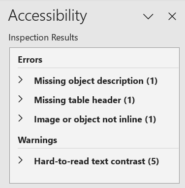 Microsoft Word accessibility report showing errors