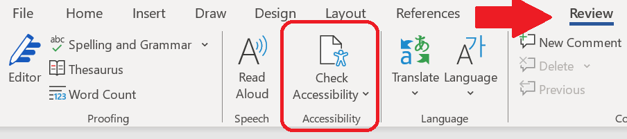 Microsoft Word Review menu with the Check Accessibility option highlighted in a red box.