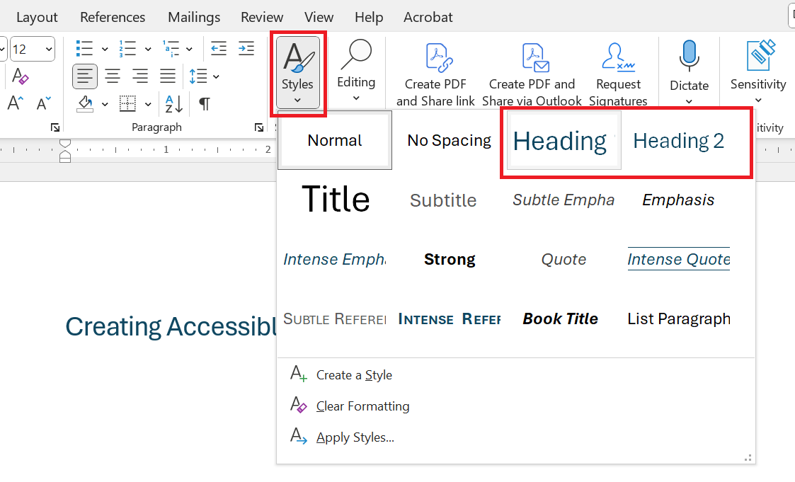 Screenshot of the Microsoft Word Home ribbon with with the Styles option and two options for headings highlighted in red boxes.