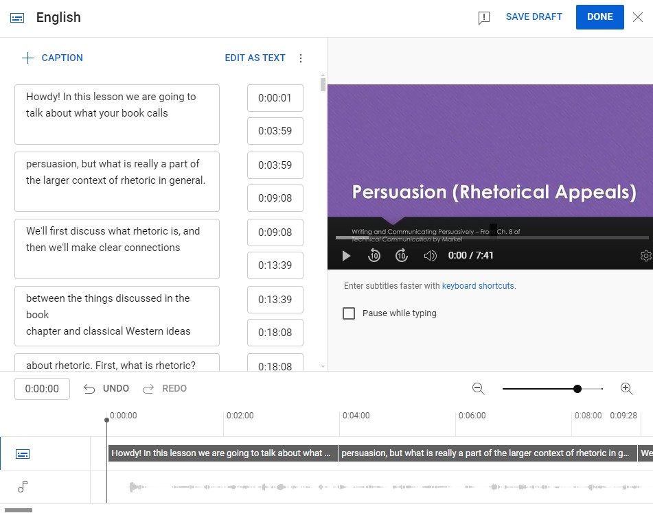 An image of the YouTube Subtitle Editor with Captions and timings to the left, a small version of the video on the right, and Captions and audio waves below both.