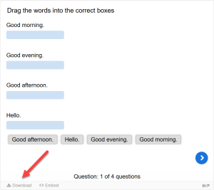 Example screenshot of H5P exercise with an arrow pointing to the download button in the lower left corner.
