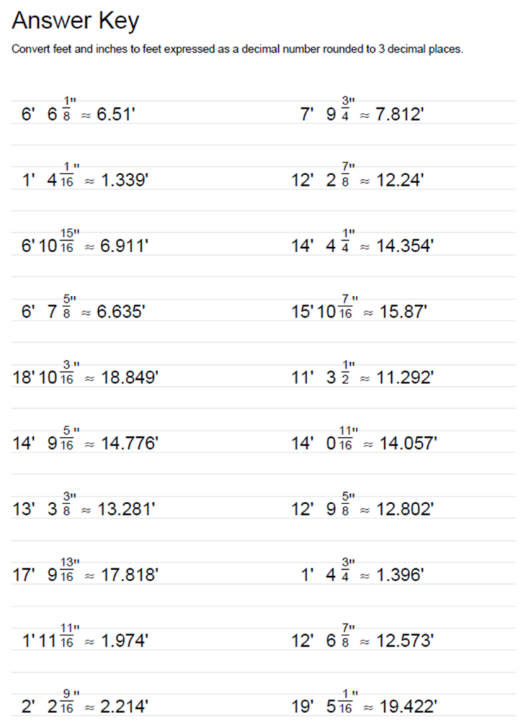 Math Checkup Convert Feet and Inches to Decimal Feet Carpentry