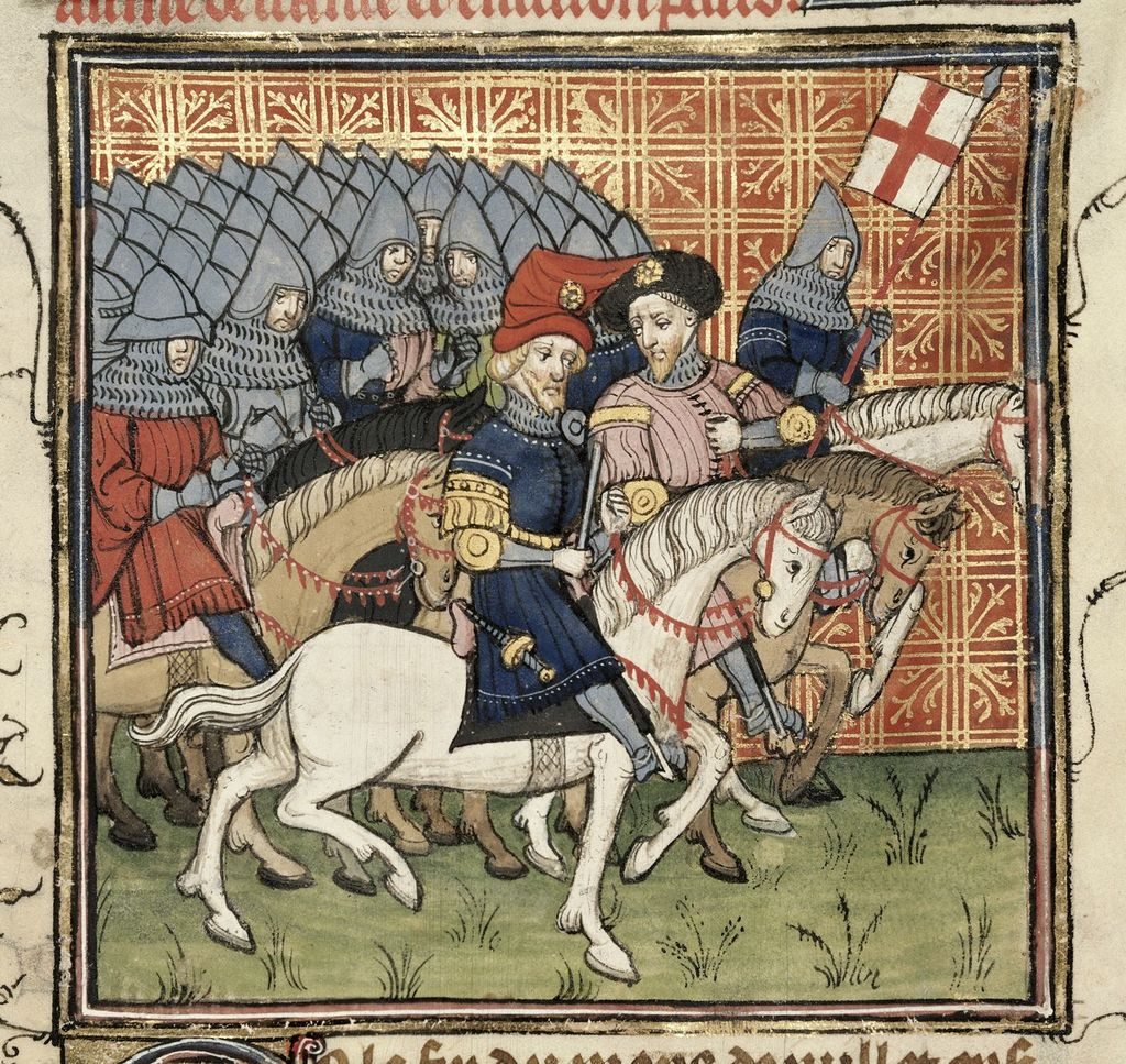 Medieval depiction of knights hoisting the English flag.
