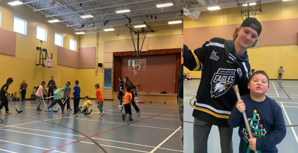 Students enjoyed a friendly game of floor hockey, learning some key pointers about shooting and scoring from Eagles players.