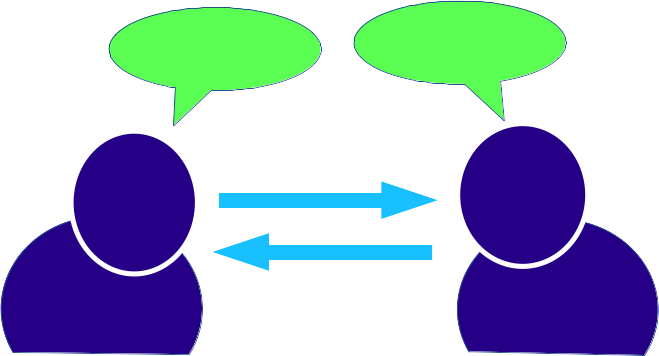 This image has two androgenous human figures (heads and shoulders) leaning slightly towards each other. Each has a talk bubble above their heads to suggest conversation. There are two arrows, one each direction, running between the two figures to suggest back and forth communication.
