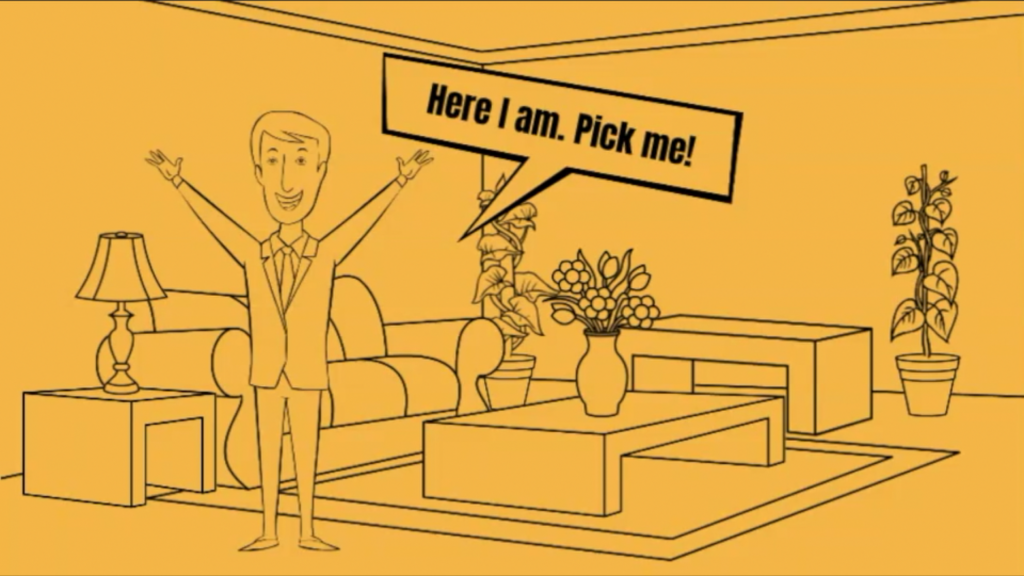 This image shows a male therapist standing with their arms up in a welcoming expression in front of their counselling room with the caption, "Here I am. Pick me!"