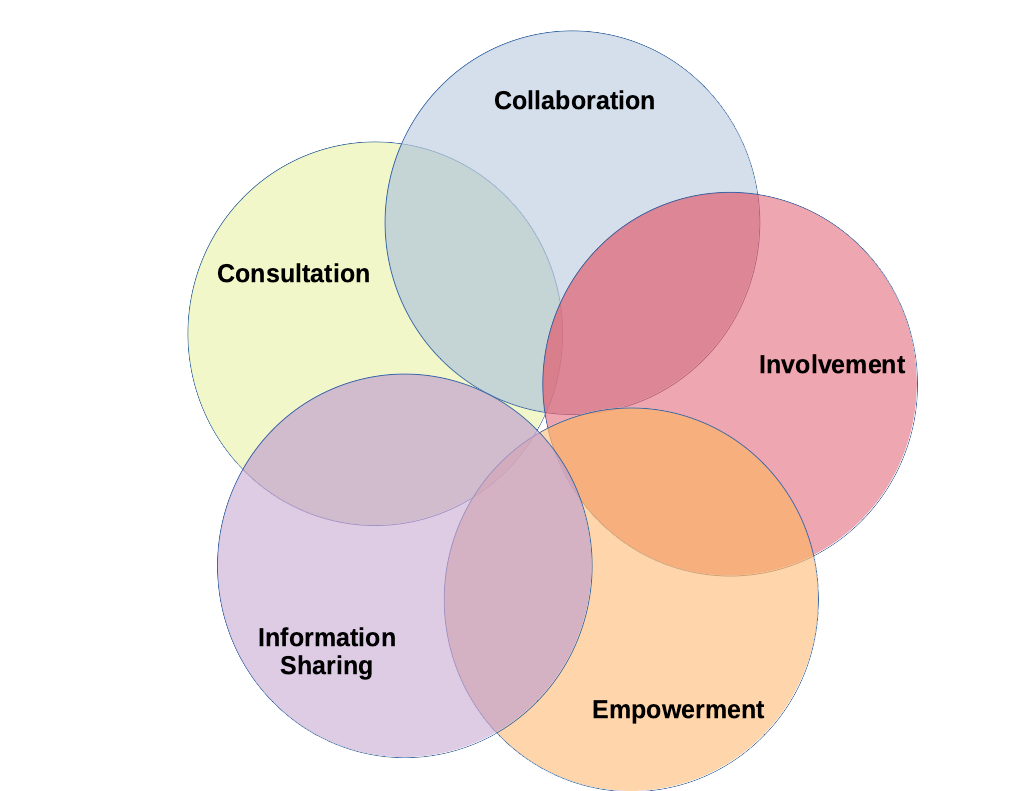 There are five concentric circles in this image, labelled as consultation, collaboration, involvement, empowerment, and information sharing.