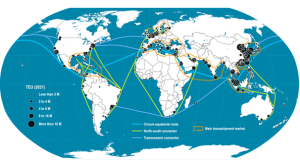 Example of a route(s) in Maritime Transportation System in globe picture a bee buzzing all over a room and every trail is a link to node.. now make the room the globe