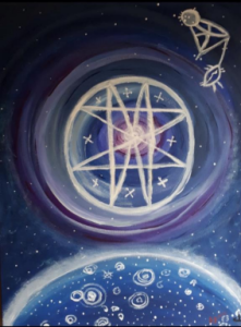 A cosmic scene in shades of deep blue and purple shows Earth in the foreground, covered in swirling white stars. Above it, a luminous eight-pointed star radiates from the center. To the upper right is a constellation figure resembling a spider and star, drawn in white lines.