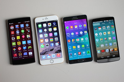 Photo shows OnePlus One vs LG G3 vs Apple iPhone 6 Plus vs Samsung Galaxy Note 4