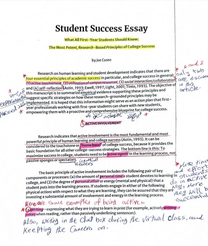 A printed article with notes in the margins and underlining and highlighting throughout.