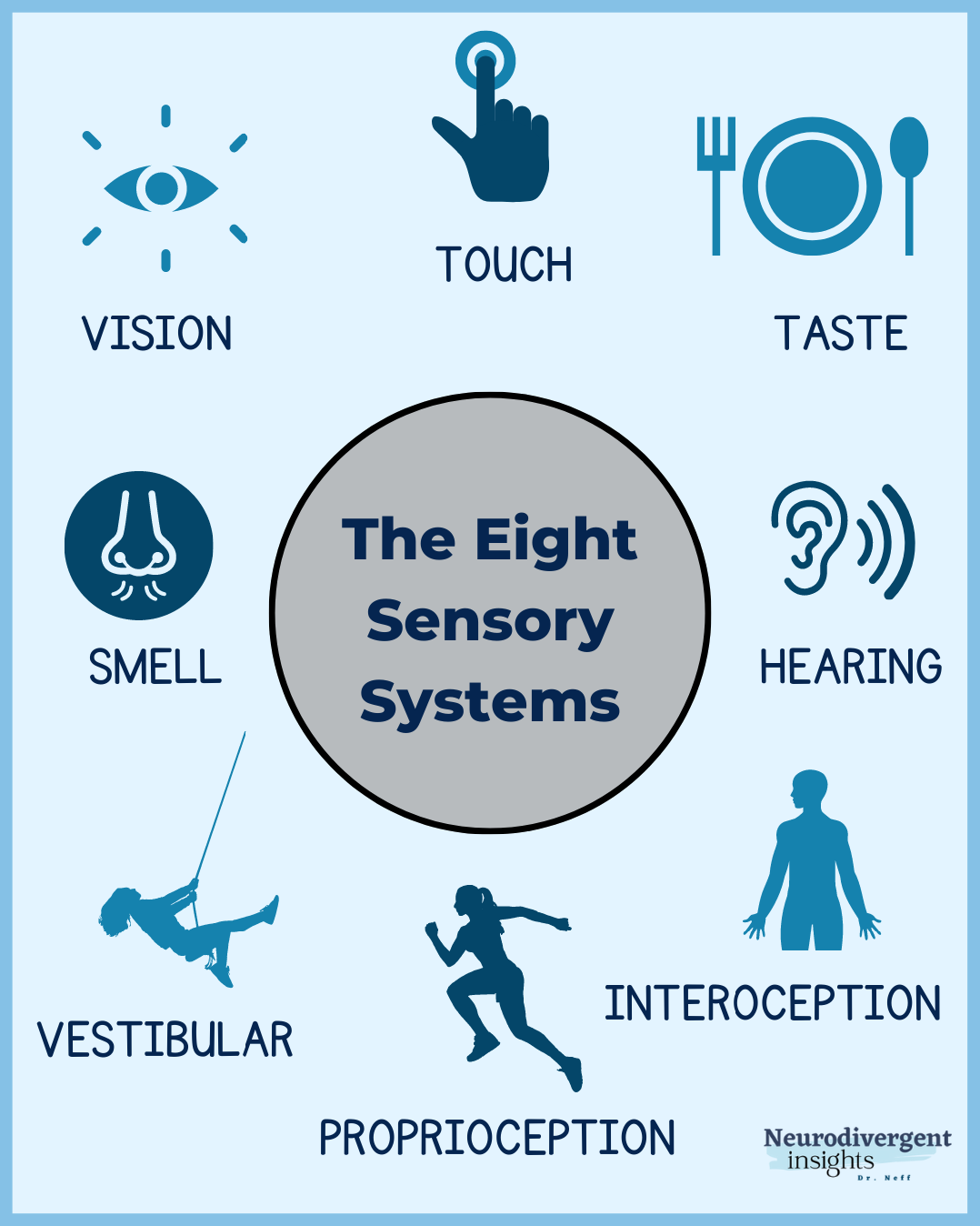 The eight sensory systems include proprioception, tactile, vestibular, gustatory, auditory, visual, olfactory and interoception (Neff, 2022).