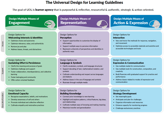 The Universal Design for Learning Guidelines 3.0. A chart highlighting the guidelines for Universal Design for Learning (CAST, 2024). Use the following link to access the text on this graphic about the Universal Design for Learning Guidelines