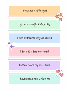 An affirmation poster with six positive statements. The affirmations read:  1. I embrace challenges  2. I grow stronger every day  3. I can overcome any obstacle  4. I am calm and centered  5. I learn from my mistakes  6. I have resilience within me