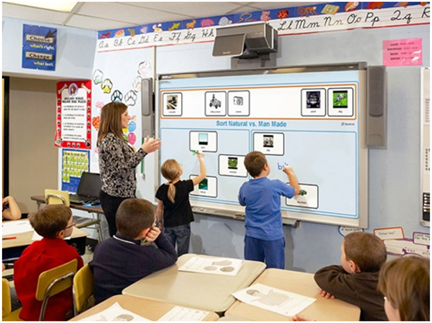 A teacher in a junior classroom incorporating technology into a lesson.