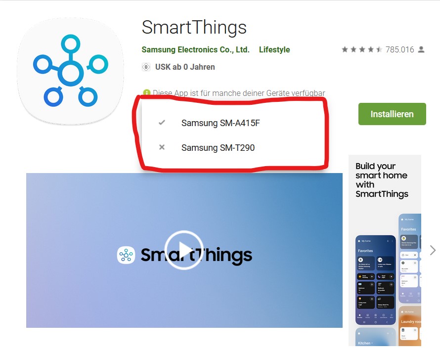 Screenshot der App Smart Things mit Zuordnung zu Geräten