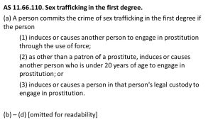 AS 11.66.110. Sex trafficking in the first degree. (a) A person commits the crime of sex trafficking in the first degree if the person (1) induces or causes another person to engage in prostitution through the use of force; (2) as other than a patron of a prostitute, induces or causes another person who is under 20 years of age to engage in prostitution; or (3) induces or causes a person in that person's legal custody to engage in prostitution. (b) – (d) [omitted for readability]