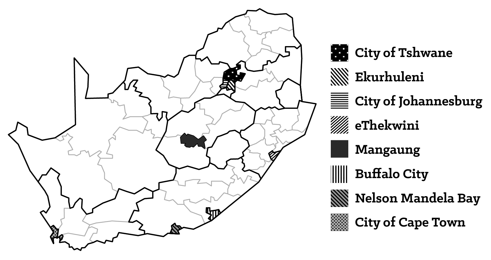 Figure 2.2: Map of South Africa with Eight Metropolitan Municipalities, and Provincial and District Borders (2011)