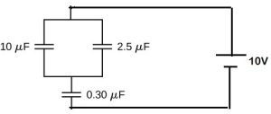 10 and 2.5 microF are in parallel. The network is in series with a 0.30 microF. The network is in series with a 10V battery.