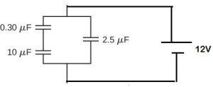 0.30 and 10 microF are in series. The two are in parallel with 2.5microF. The network is in series with 12V.