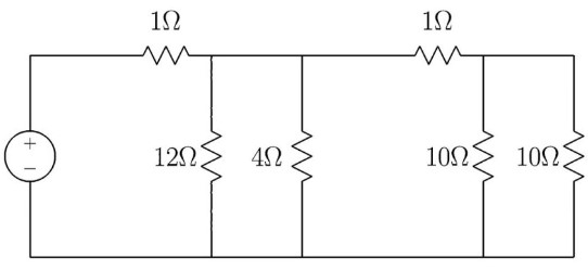 A network of resistors connected to a voltage source. Image description is available