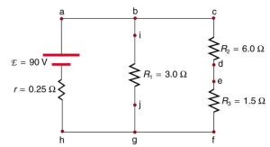 Circuit with an EMF and an internal resistance connected to three resistors. Image Description is available.