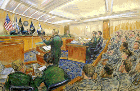 Artist's drawing inside a military courtroom