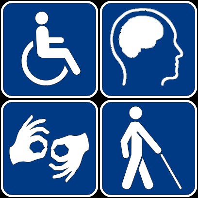 Pictogram with images depicting disabilites. Wheelchair, Brain injuries, Deaf and hard of hearing, and blind or limited sight