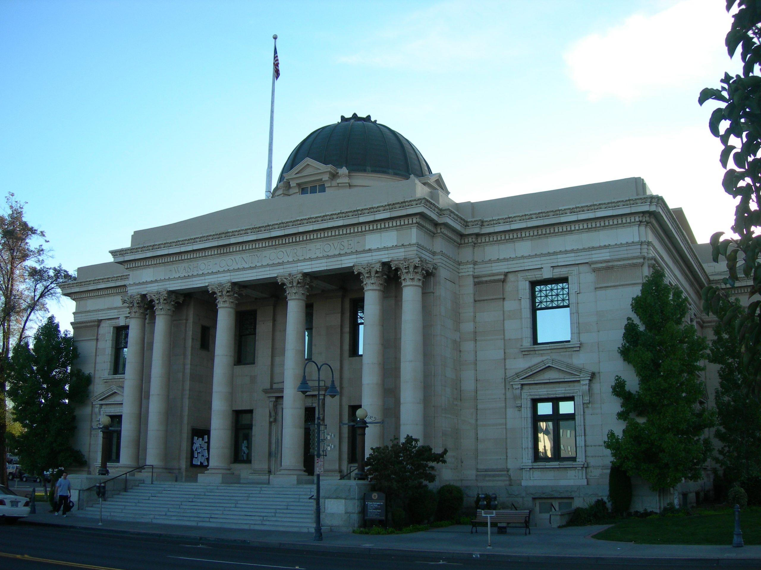 color photograph of the courthouse in Washoe County, Nevada. Rotunda and flagpole on top of the building.