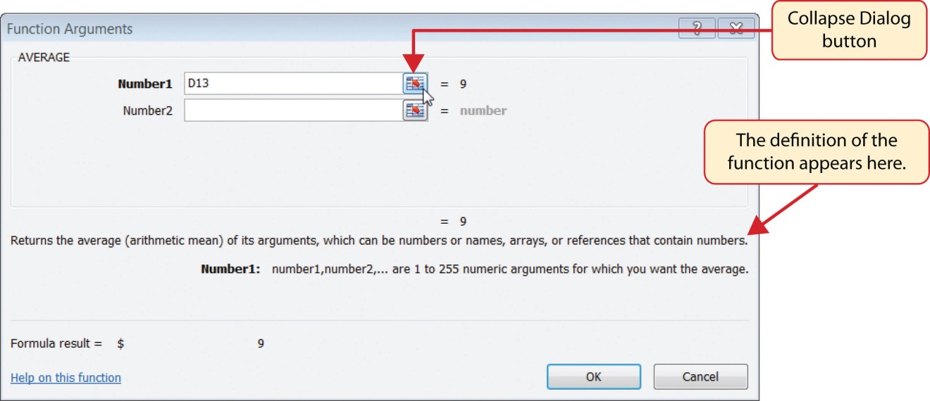 Function Arguments dialog box open to Average function, with function definition, and Collapse Dialog button.