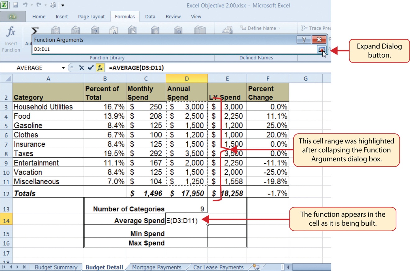 When Function Arguments dialog box is collapsed, cell range can be highlighted with function appearing in cell as it is being built.