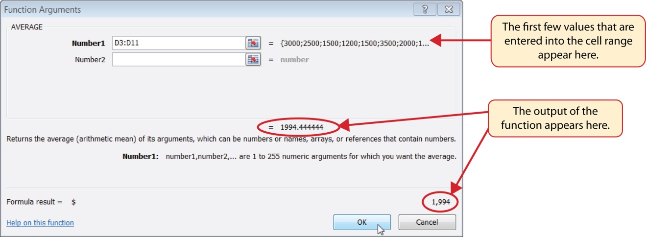 Function Arguments dialog box shows first few values next to cell range, and output of function appears both in center of box and at bottom as "formula result".