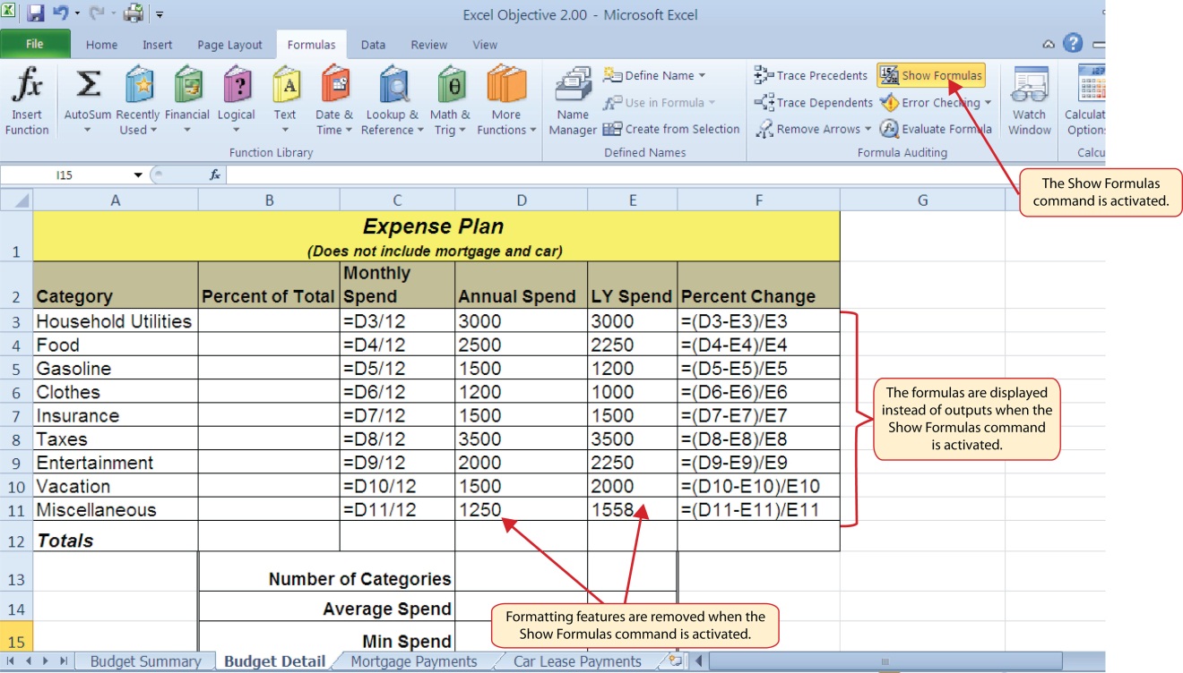 Formula tab open to Show Formulas. Formulas displayed instead of outputs in Columns C & F.